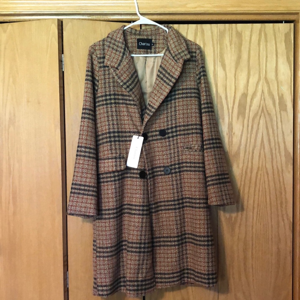 Lapel Collar Woolen Plaid Coat